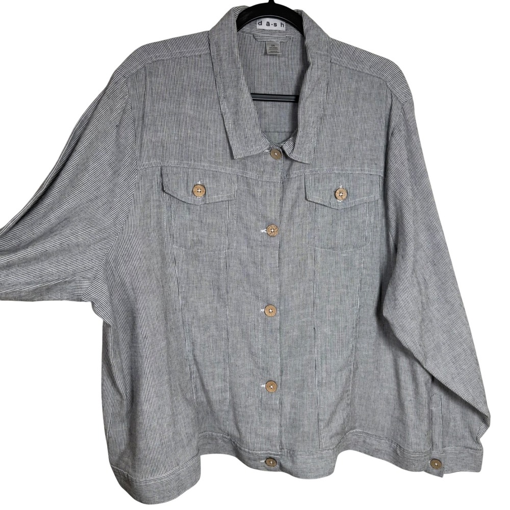 d-a-s-h Boxy Utility Linen Rayon Pinstripe Trucker Jacket 2X Blue White - Picture 3 of 11